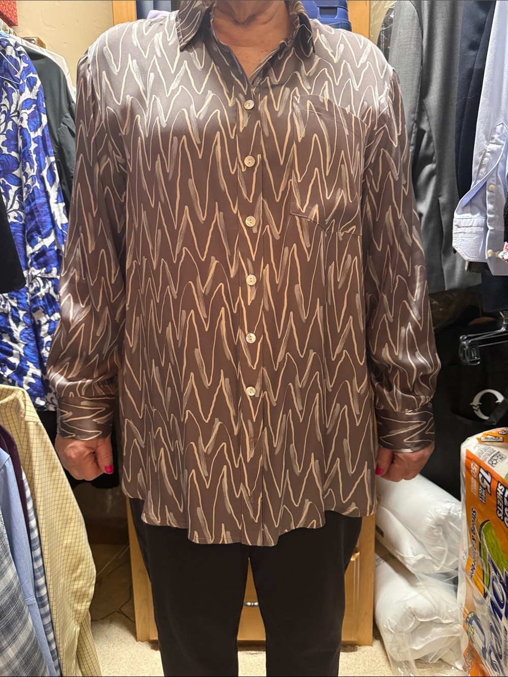 Finley Brown Button-Down Shirt with Cream Zigzag Pattern